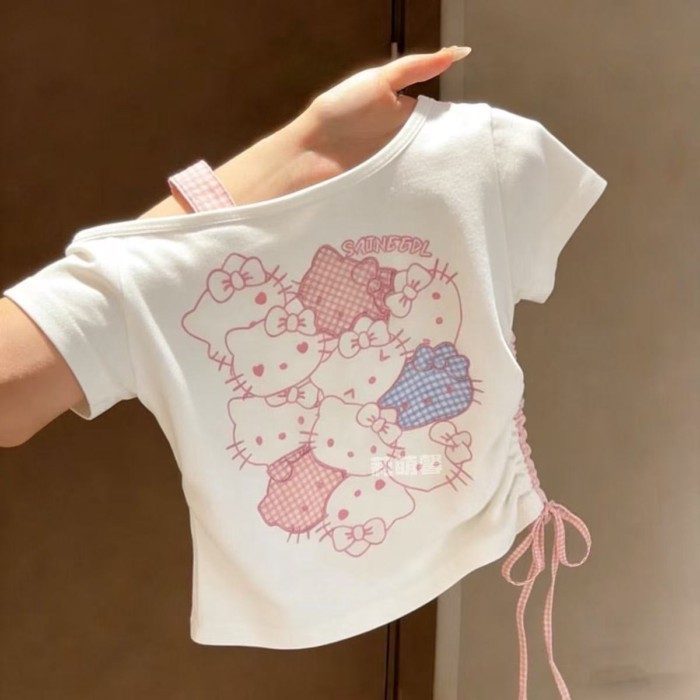 phong cách Hàn Quốc cho bé gái cotton nguyên chất hoạt hình dễ thương vai xiên kẻ sọc ngắn tay á