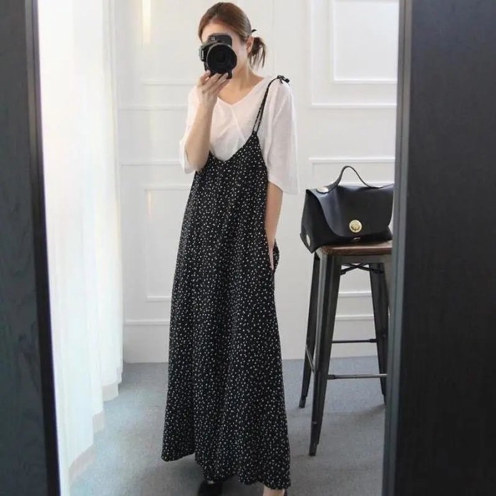 Bộ áo liền quần ống rộng phong cách retro của Mỹ dành cho nữ, khí chất mùa hè, quần lửng lưng cao c