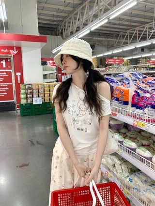 Quần âu in hình hoa mai Hello Kitty dễ thương cho nữ mới cạp cao giảm béo đa năng dáng rộng q