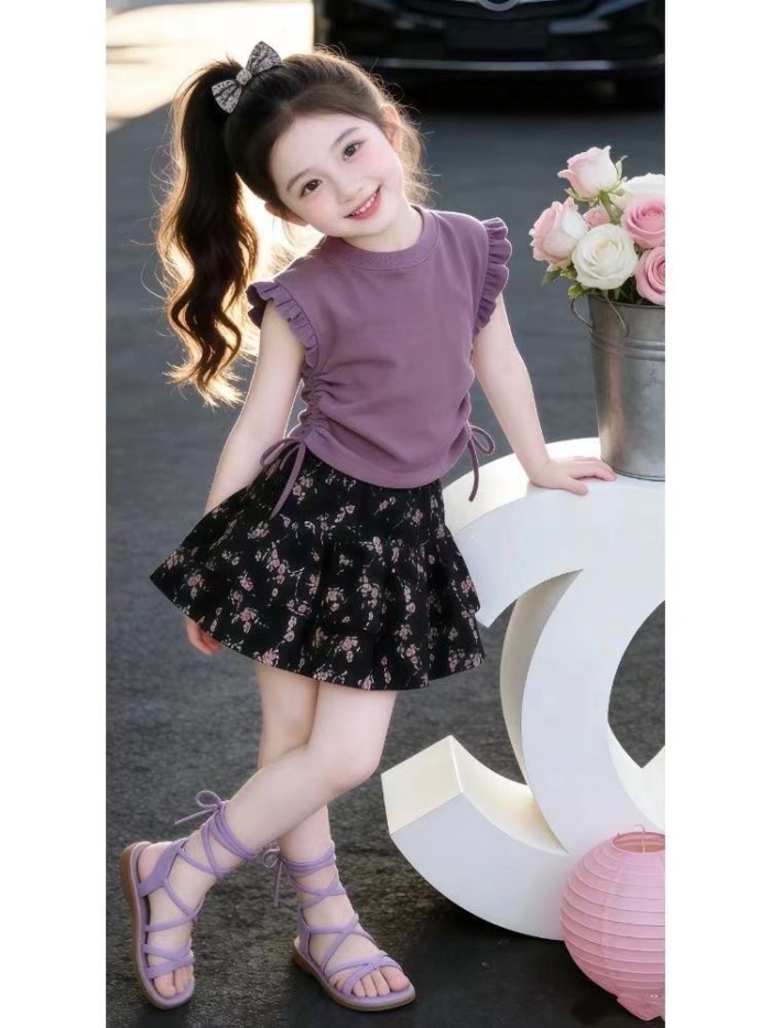 Bé Gái Bộ Đồ Mùa Hè Thời Trang Trẻ Em Họa Tiết Hoa Thời Trang Mùa Hè Tím Xù Váy Hai Mảnh