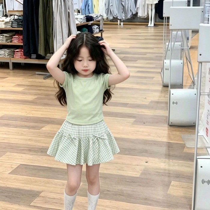 cô gái phong cách Hàn Quốc phong cách mùa hè mới màu xanh lá cây tươi mát áo ngắn tay kẻ sọc váy
