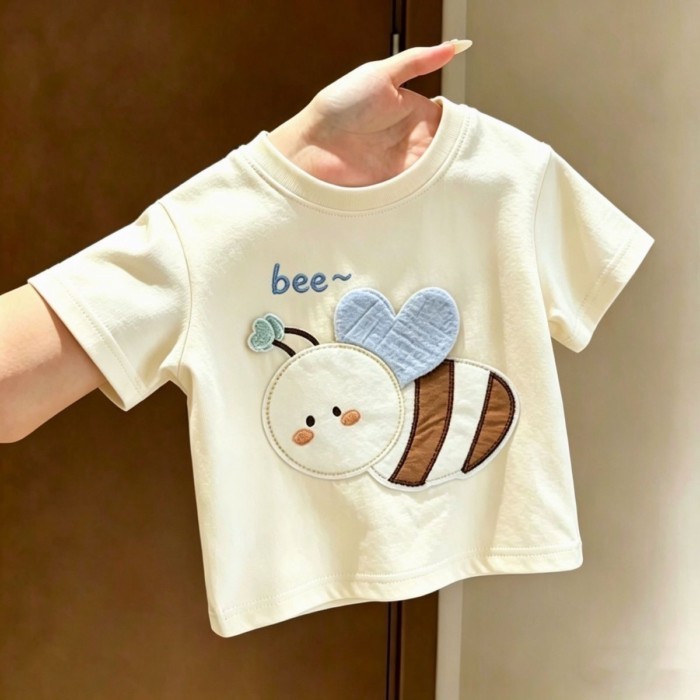 Quần áo mùa hè hoạt hình mới cho bé, áo thun ngắn tay in hình con ong dễ thương, áo nửa tay mỏ