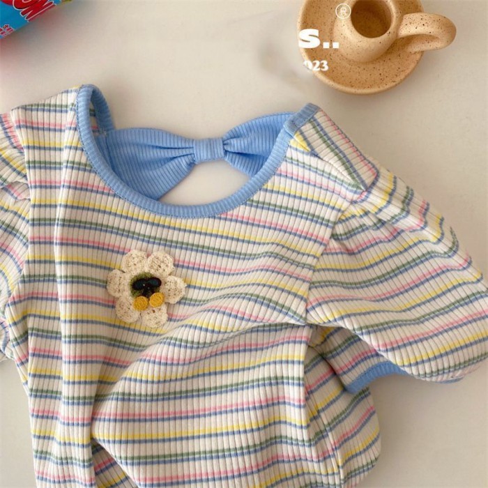 Áo Thun Bé Gái Mùa Hè Ngắn Tay Trẻ Em Top Nữ Mới Cotton Niche Phong Cách Phương Tây Sọc Hoa Nử