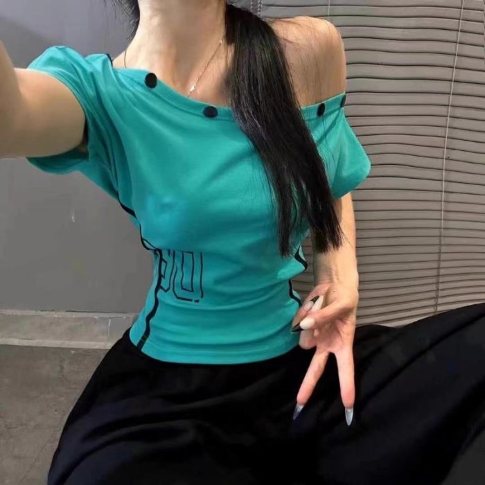 Áo trễ vai phong cách hot girl dành cho nữ mùa hè mới Áo thun ngắn tay lệch vai cao cấp ôm mộ