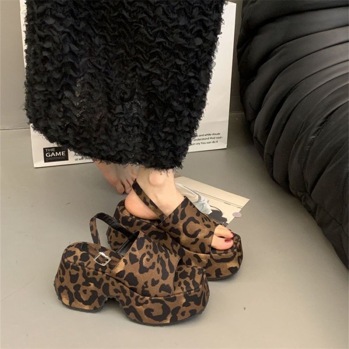 Giày sandal hở mũi mũi nhọn in họa tiết da báo giản dị dành cho nữ mặc mùa hè thiết kế nền tảng già