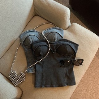 Áo ống denim màu retro thời trang cho nữ mùa hè mới Áo crop top một vai đa năng ngọt ngào và