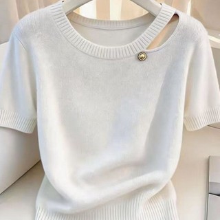 Áo len dệt kim màu tím độc đáo và đẹp mới giảm béo dopamin rỗng tay ngắn