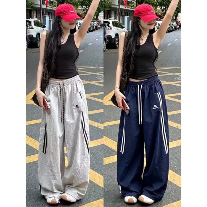 Quần ống rộng thể thao kẻ sọc lười biếng cho nữ mùa hè Quần ống rộng lưng cao phong cách Hàn