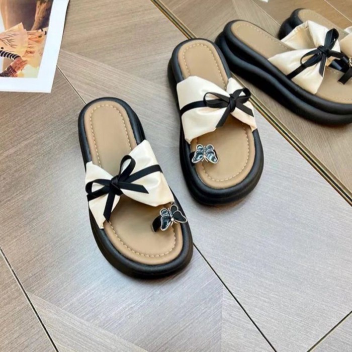 Dép xỏ ngón đế dày nơ nâng thời trang mùa hè cho nữ và dép sandal đi biển thông thường đa năng