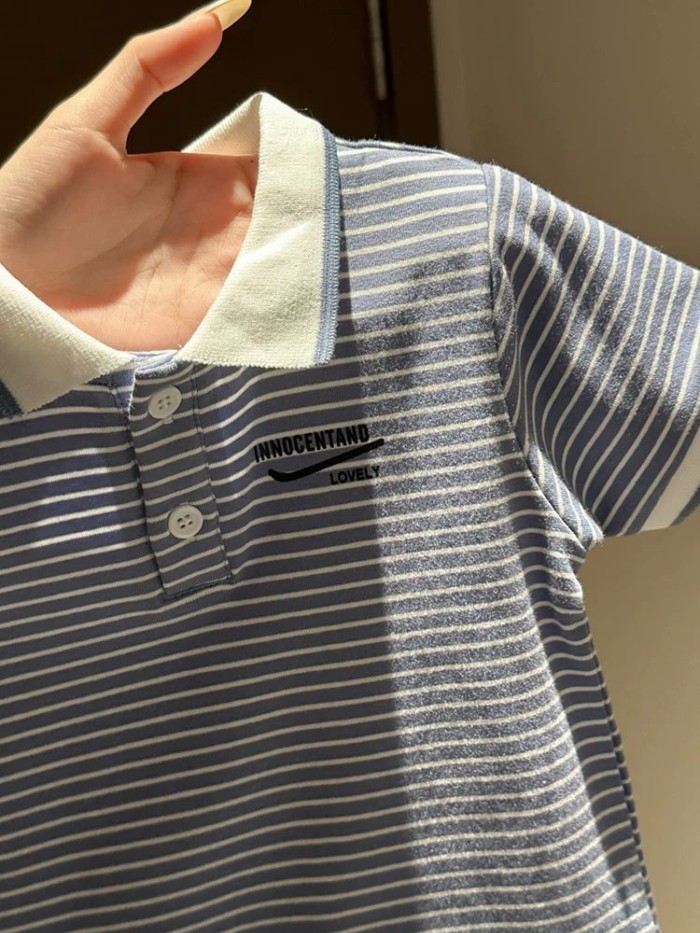 Phong cách nhẹ nhàng và sống động Jumpsuit sọc mỏng cổ sơ mi ngắn tay hậu cung