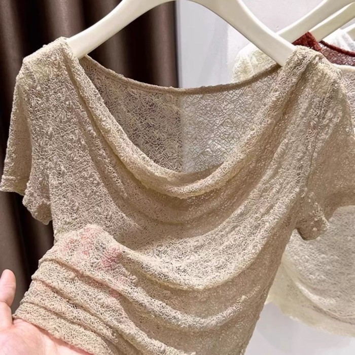 chiếc áo sơ mi ngắn tay ren rỗng xuyên thấu Áo thun lệch vai mùa hè dành cho nữ cổ áo một đường