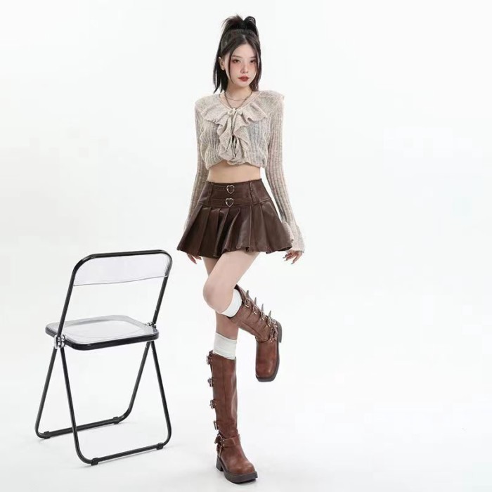 Mùa Thu Đông Váy Da Mỹ Retro Cao Cấp PU Váy Xếp Ly Váy Ôm Váy Ngắn Xếp Ly