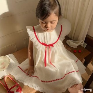Quần áo trẻ em phong cách Hàn Quốc ren cổ tròn bé gái váy ren cổ tròn phong cách mùa hè