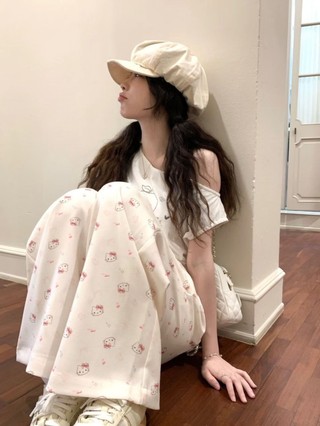 Quần âu in hình hoa mai Hello Kitty dễ thương cho nữ mới cạp cao giảm béo đa năng dáng rộng q