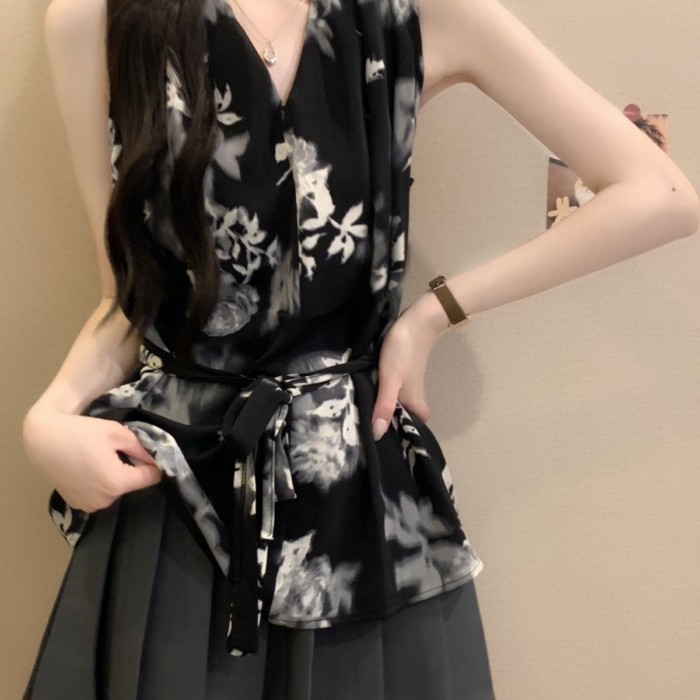 Lan ~ Áo Sơ Mi Cổ Chữ V Không Tay Cổ Chữ V Áo Sơ Mi Nữ Mặc Ngoài Mùa Hè Plus Kích Thước Béo mm Mỏng Hơn Nhìn Phối Ren-Waist Retro Mực Tranh Top