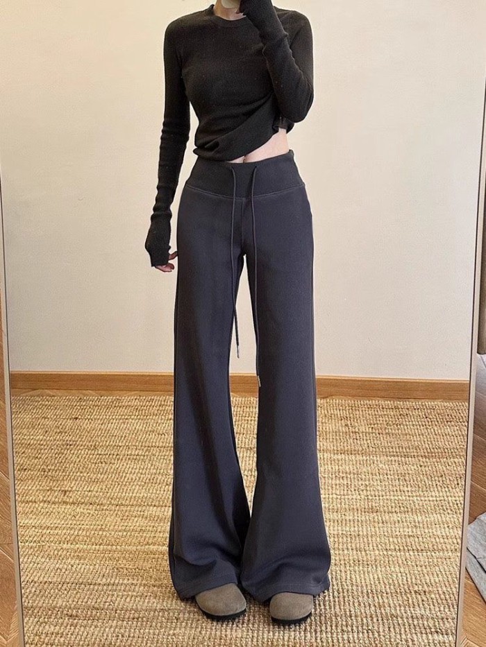 Quần bootcut thể thao nữ có dây rút, lưng cao, dáng ôm, quần dài xếp nếp đi làm