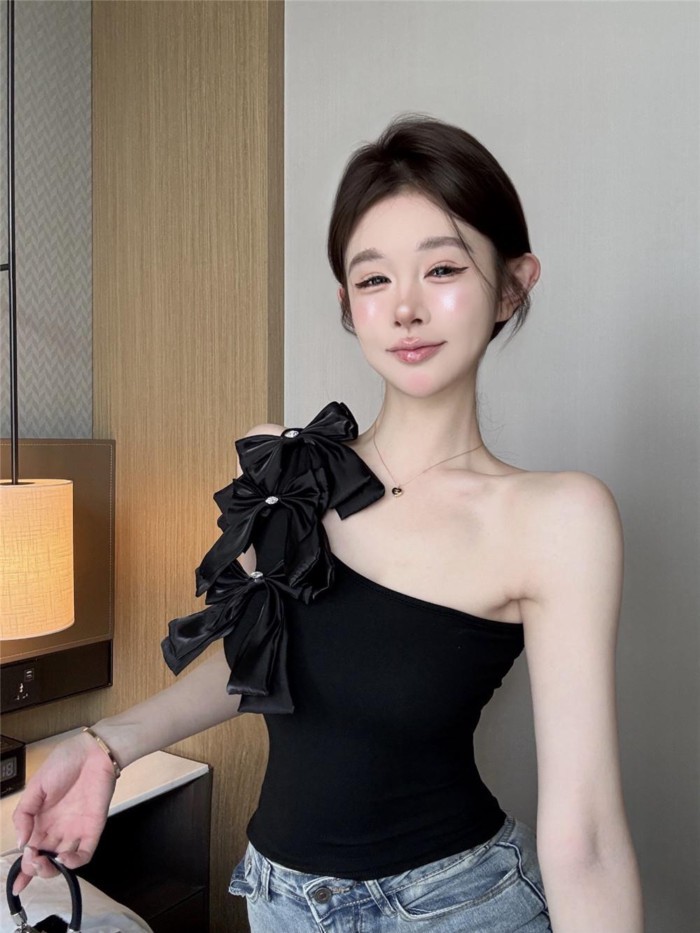 Tinh khiết Ham muốn Phong cách Vai xéo Ống Top Mùa hè Phong cách mới Siêu cổ tích Nơ lệch vai