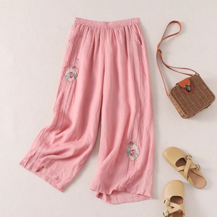 Quần ống rộng cotton và vải lanh thêu, quần ống rộng giảm béo thông thường mỏng mùa hè