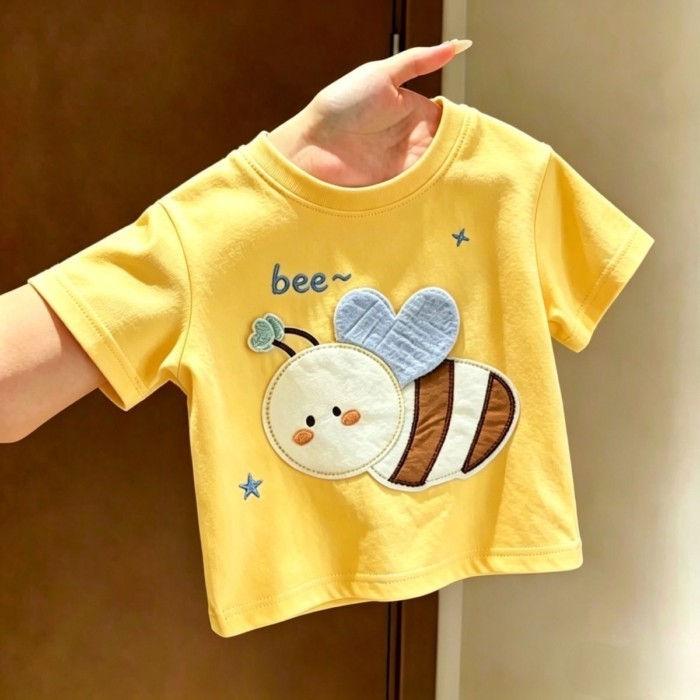 Quần áo mùa hè hoạt hình mới cho bé, áo thun ngắn tay in hình con ong dễ thương, áo nửa tay mỏ
