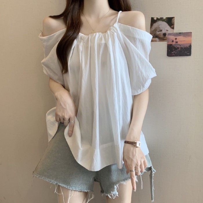 Lan ~ Kích Thước Lớn Dây Rút Sling Một Vai Áo Sơ Mi Nữ Mùa Hè Phong Cách Mới Béo mm Rời Mỏng Hơn Nhìn Thời Trang Tất Cả @