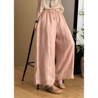 Quần ống rộng thêu nhẹ dành cho nữ, quần ống đứng rayon giống vải lanh giảm béo mùa hè mới ch