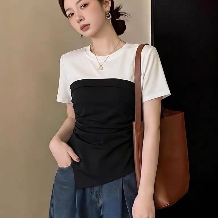 Áo thun ngắn tay hai mảnh giả vai trước tương phản màu sắc tương phản dành cho nữ mùa hè Áo sơ mi n