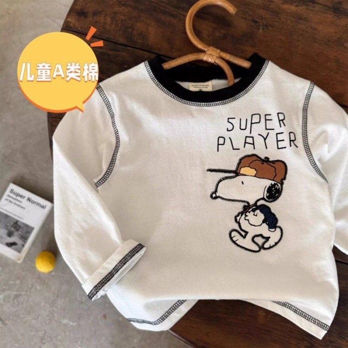 Áo thun cotton nguyên chất hoạt hình trẻ em dài tay xuân thu phong cách mới bé trai và bé gái