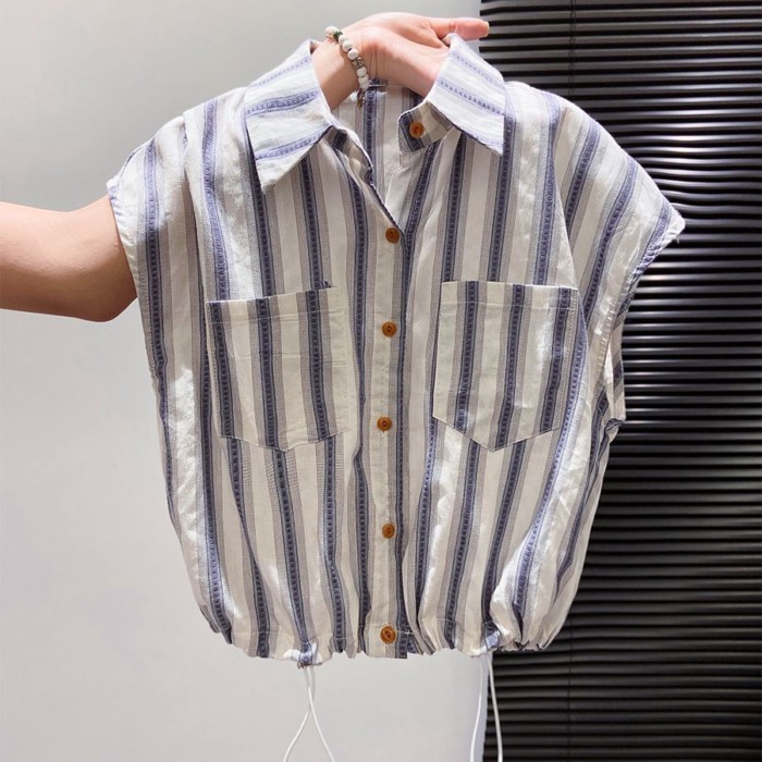 Áo sơ mi ngắn tay có ve áo sọc dành cho nữ phong cách mới rộng rãi và đa năng, áo cổ polo ngắn g