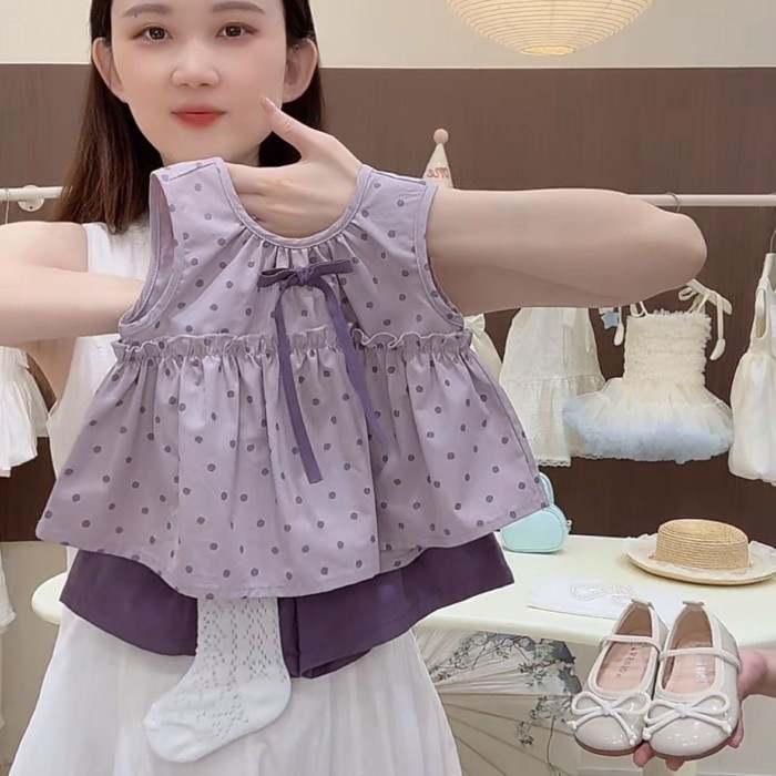 Bé Gái Mùa Hè Màu Tím Chấm Bi Tank Top Phong Cách Hàn Quốc Phong Cách Phương Tây Bộ Đồ Hai Mả