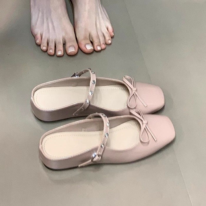 Dép cao nửa mũi nơ màu hồng bên trong dành cho nữ mang bên ngoài Dép sandal miệng nông Mary J