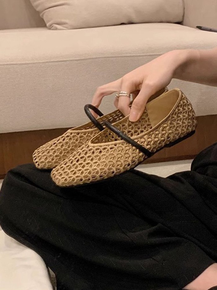 Giày mũi vuông kiểu Pháp rỗng bện nông miệng đơn giày lưới thoáng khí giày đế bệt Mary Jane giày lư