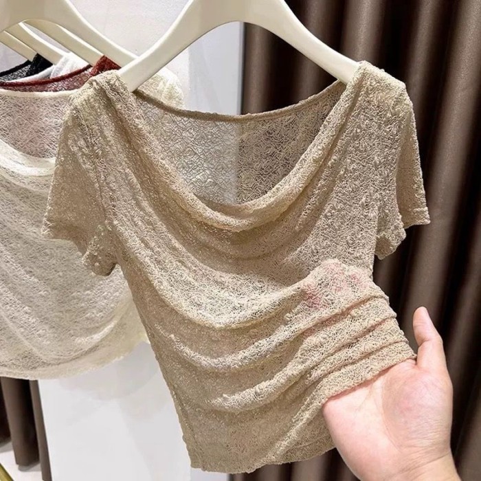chiếc áo sơ mi ngắn tay ren rỗng xuyên thấu Áo thun lệch vai mùa hè dành cho nữ cổ áo một đường