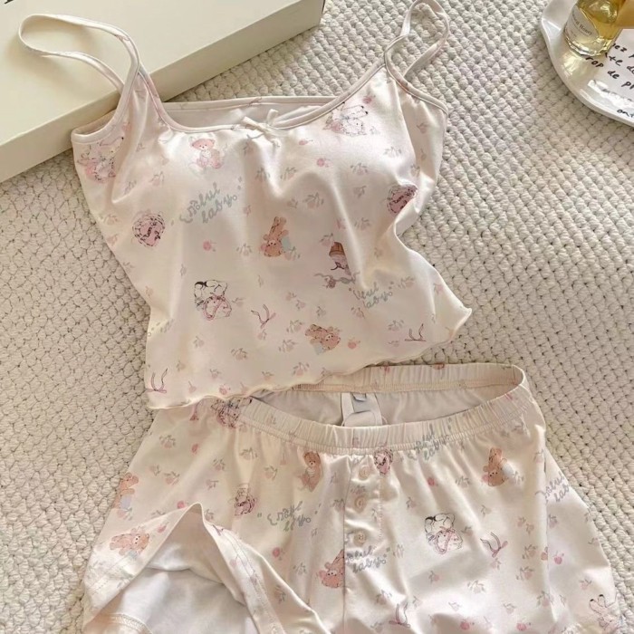 Bộ đồ ngủ treo hình gấu hoa nữ tính ngọt ngào Phong cách mỏng manh của phụ nữ có thể mặc được