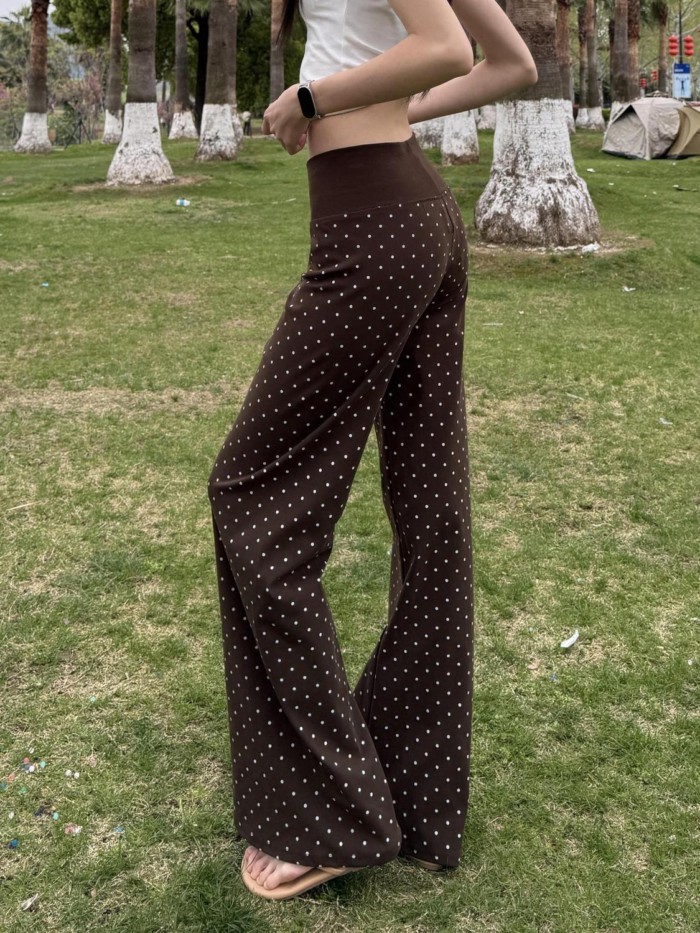 Quần tây boot-cut in chấm bi màu nâu dành cho nữ, quần ống rộng ống rộng cạp cao mới giảm béo