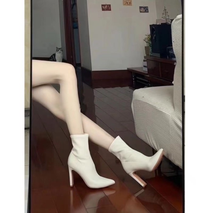 Giày bốt ngắn mũi nhọn Hepburn Dopamine Giày bốt mỏng co giãn giày cao gót