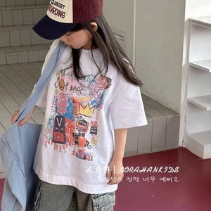 bộ quần áo trẻ em Hàn Quốc bé gái áo thun ngắn tay graffiti mùa xuân hè trẻ em cổ tròn nửa tay á