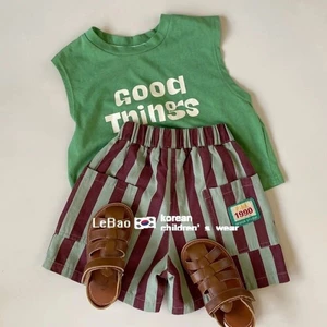 Trẻ Em Bộ Đồ Mùa Hè Mới Bé Trai Và Bé Gái Bộ Đồ Mùa Hè Áo Vest Sọc Quần Short Quần Đi Biển 2