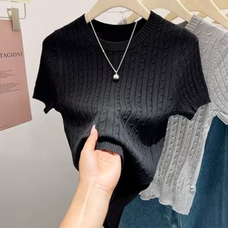 Áo len vai phải cơ bản đa năng áo thun ngắn tay nữ băng lụa mỏng mùa hè kiểu dáng mới dáng ôm