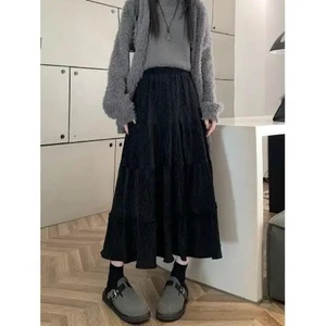 Váy nhung, cạp cao, giảm béo, che đũng, váy chữ A dài vừa phải, váy bánh xếp ly, váy ô