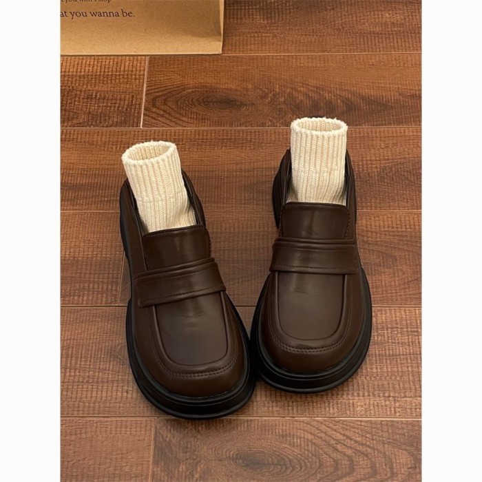 Giày Loafer Nữ Xuân Thu Nhật Bản Đồng Phục Đa Năng Màu Nâu Retro Phong Cách Anh Quốc Giày Da