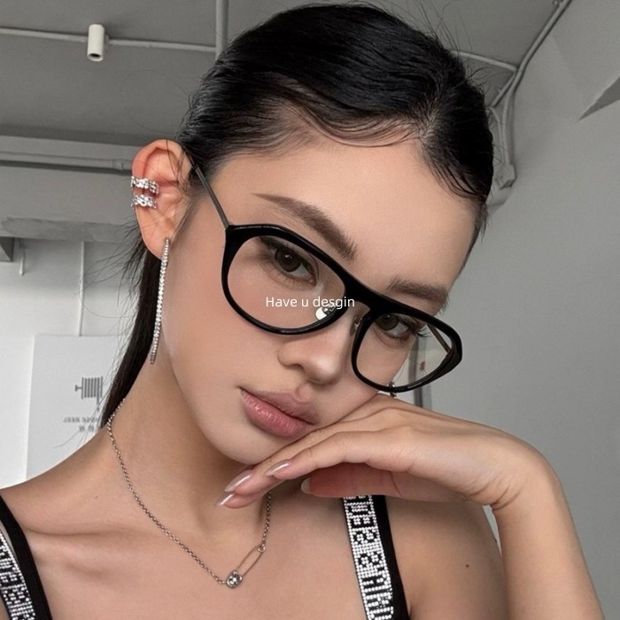 Have u desgin Phiên bản Hàn Quốc Kính gọng lớn màu đen Nữ Full Frame Retro Hot Girl Mặt trơn Dụng cụ tiện dụng Mặt tròn nhỏ có khung kính cận thị