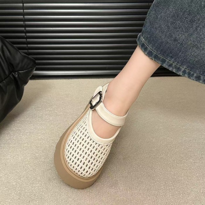Dép xỏ ngón mùa hè dành cho nữ, đế dày, cao 6cm, váy, giày La Mã dệt rỗng thông thường