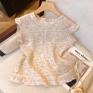 sơ mi voan hoa Pháp dành cho nữ, áo sơ mi nhún bèo mùa hè mới, áo dáng ôm ngọt ngào