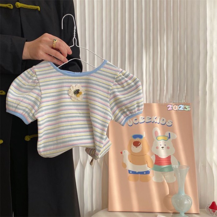Áo Thun Bé Gái Mùa Hè Ngắn Tay Trẻ Em Top Nữ Mới Cotton Niche Phong Cách Phương Tây Sọc Hoa Nử