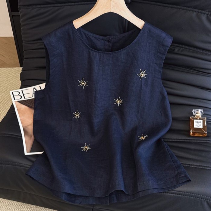 Mùa hè đi làm công nghiệp nặng áo vest không tay bằng vải cotton và lanh thêu dành cho nữ mùa săn v