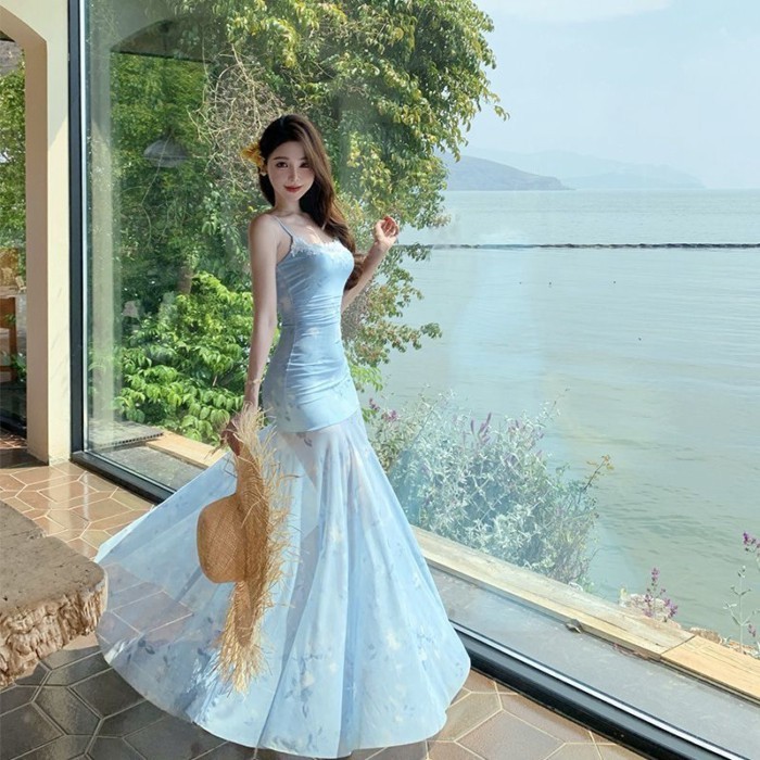 Mùa xuân múa ba lê phong cách siêu cổ tích nối ren váy treo lưới váy đuôi cá nhòe hoa đẹp và