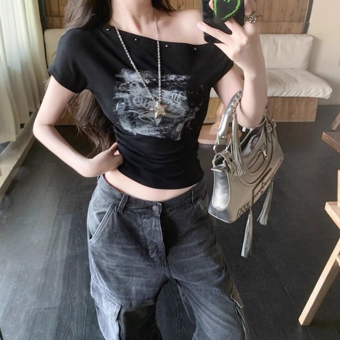 Cotton Nguyên Chất Retro Hot Girl In Không Đều Dốc Vai Áo Thun Nữ Tay Ngắn Nữ Eo Thon Xếp Ly