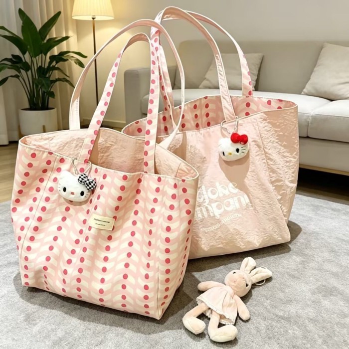 Túi vải canvas chấm bi cao cấp phong cách mới Túi tote sức chứa lớn dành cho nữ Túi mua sắm đe