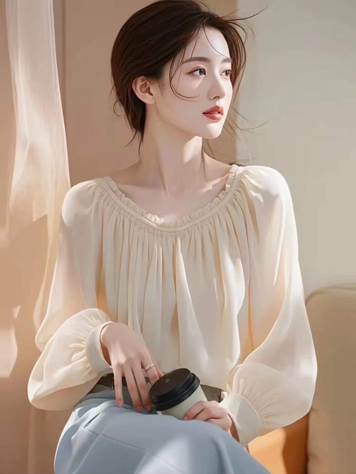 Áo sơ mi voan dài tay kiểu Pháp dành cho nữ mùa xuân mới phong cách nhẹ nhàng sang trọng cao