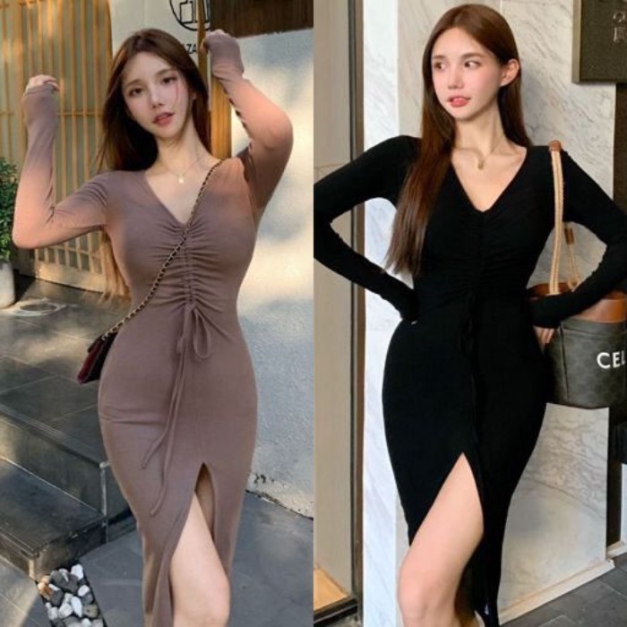 chiếc đầm dài tay cổ chữ V quyến rũ, thuần khiết gợi cảm, xẻ eo và xẻ hai bên cho mùa xuân thu v